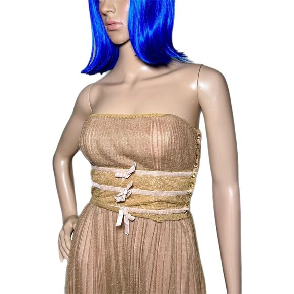 Vintage Betsey Johnson Strapless Olive Green Dress w/ Velvet Bows & Jewel Button - Picture 3 of 8